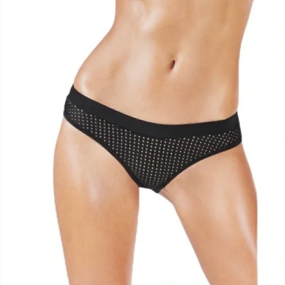 Fabletics Women's Sz XS Valentina Cheeky Bikini Bottom Perforated Black w/ Beige